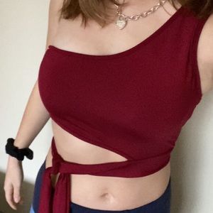One shoulder self tie maroon tank